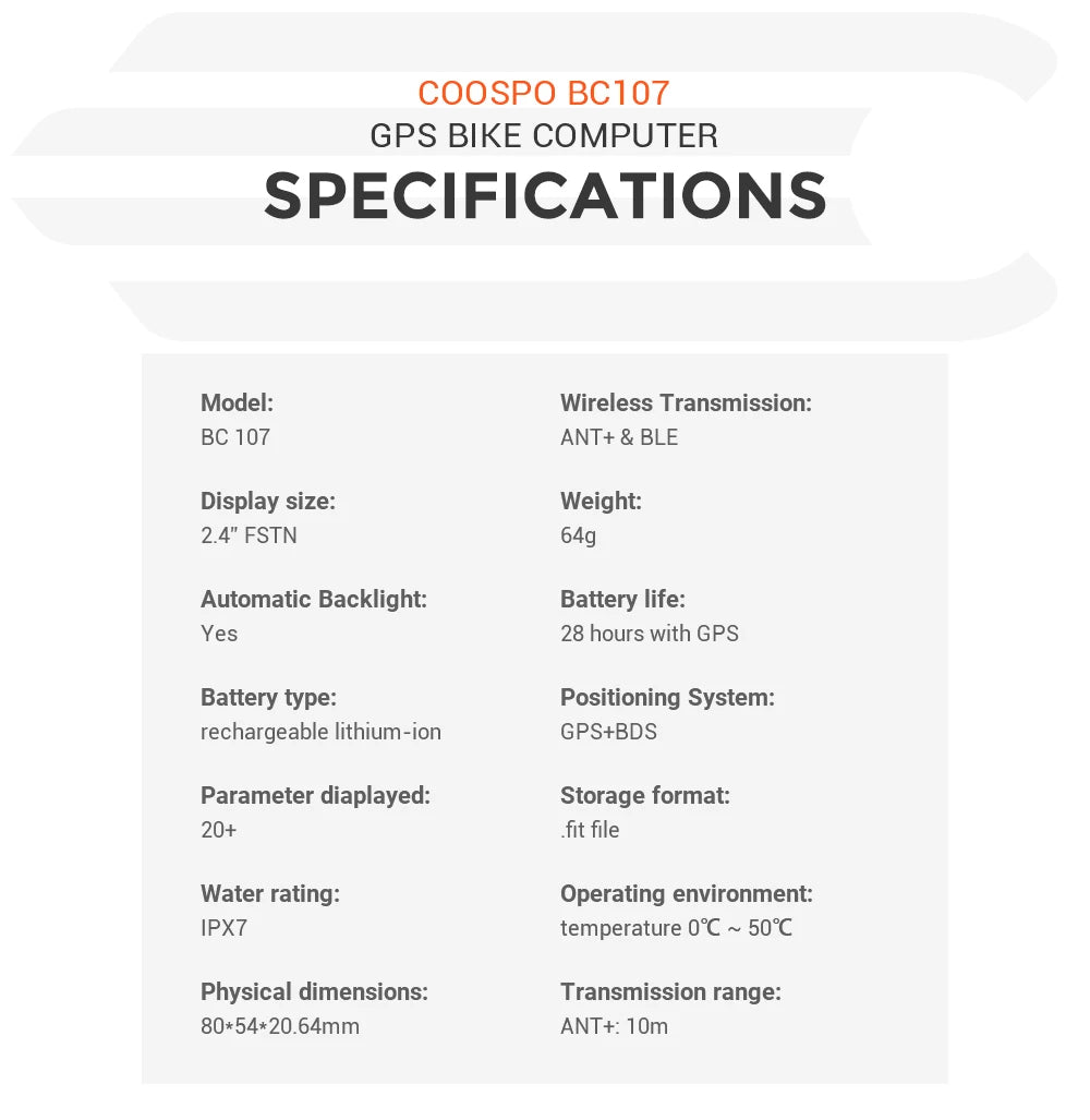 Coospo BC107 GPS Bike Computer — 2.4" Wireless Odometer & Speedometer, Bluetooth 5.0, ANT+, Waterproof