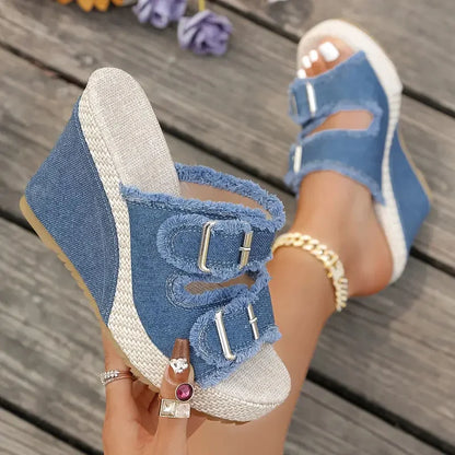 Women’s Summer Wedges Platform Sandals – Straw Weave & Denim Double Buckle Casual Shoes
