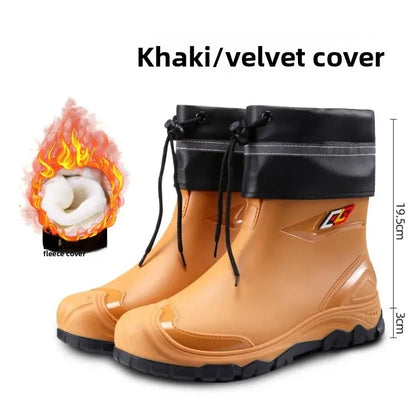 Men’s Ankle-High Fleece-Lined Rain Boots – Waterproof, Anti-Slip, Wear-Resistant Work & Fishing Shoes