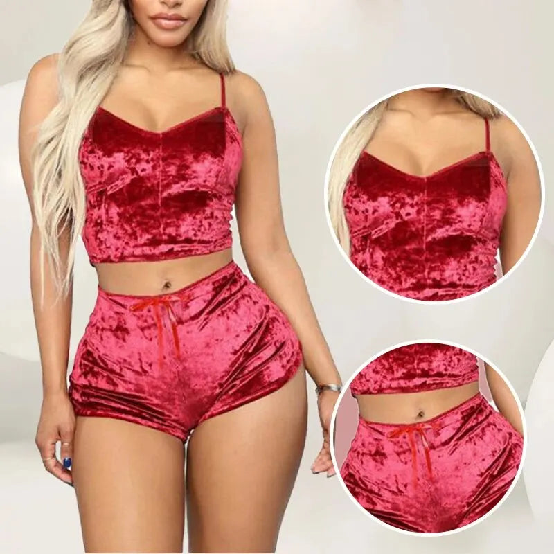 Women's Sexy Strappy Pajama Set: Velvet Polyester Comfortable V-neck Underwear - 2 Piece Sleeveless Home Clothes