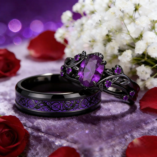 Couple Celtic Dragon Rings Set - Purple Rhinestone CZ Stainless Steel Wedding Jewelry for Men & Women