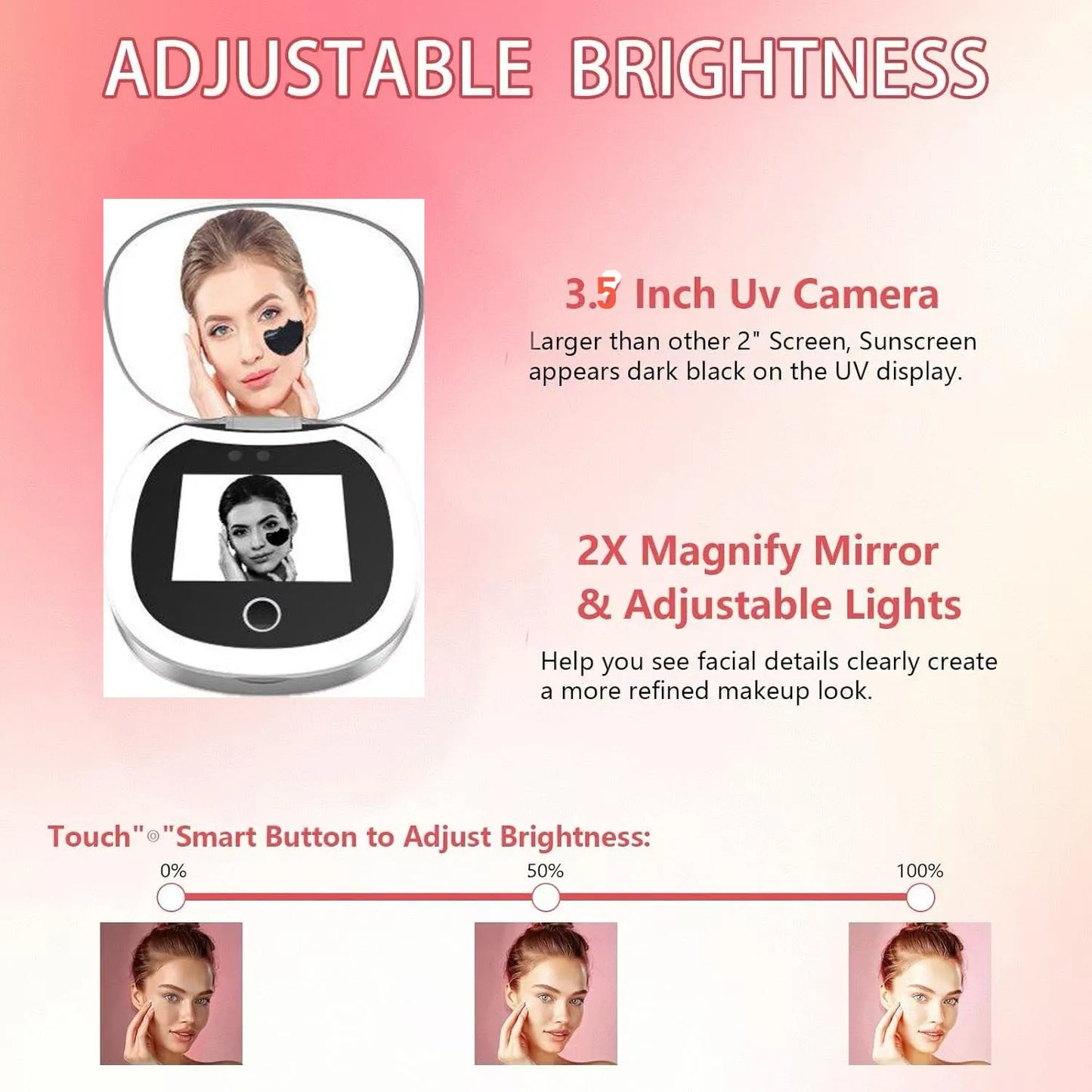Travel Compact UV Mirror with Camera & LED Lights – 2X Magnification Makeup Mirror for Facial Sunscreen Check