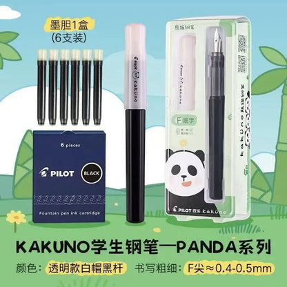 PILOT Kakuno Panda Limited Edition Smiley Fountain Pen – Fine Nib with 6 Replaceable Ink Cartridges Gift Set