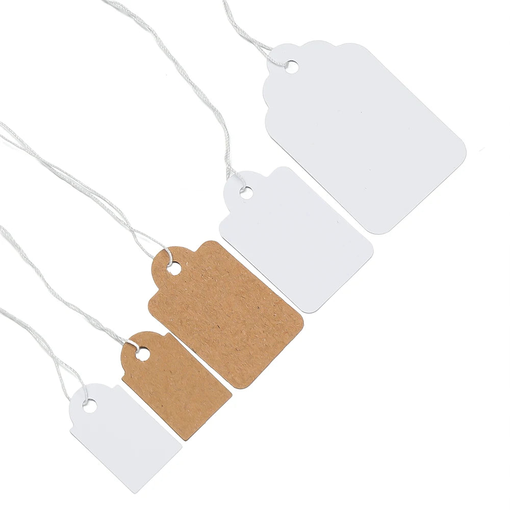 100PCS Price Label Tags — Rectangular Blank Paper Cards with String Tie for Watch & Jewelry Display Merchandise