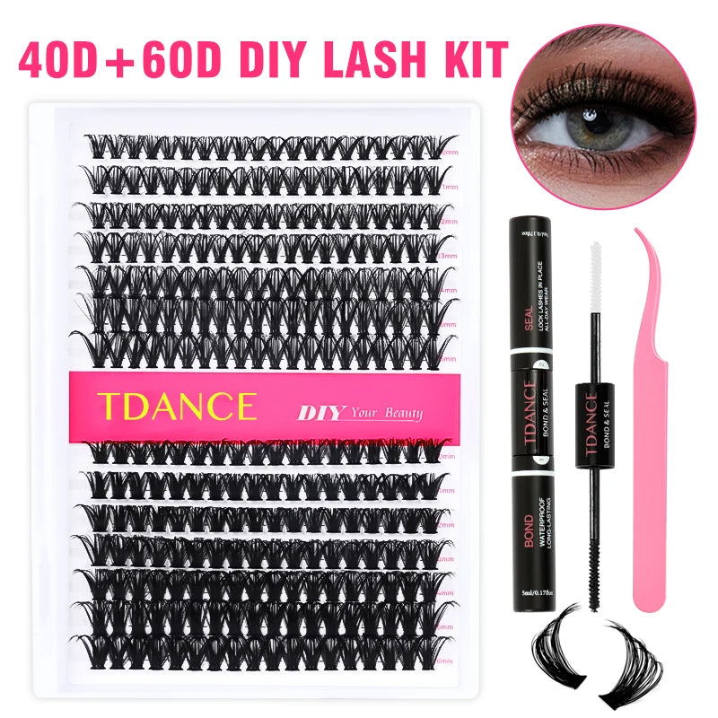 TDANCE 280PCS DIY Lash Extension Kit – Mix Clusters (30D/40D) with Bond, Seal & Remover for At-Home Application