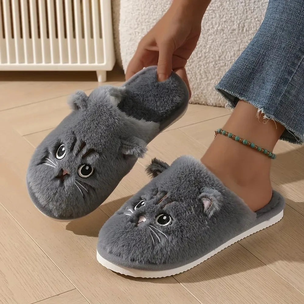 Women’s Plush Cat Slippers - Winter Warm Cozy Indoor House Shoes with Soft Non-Slip EVA Sole