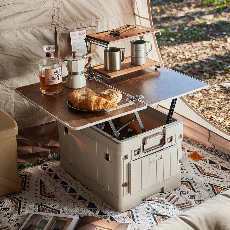 Folding Storage Box - Flat Outdoor Camping, Trunk Organizer & Gift Storage Box with Wooden Lid
