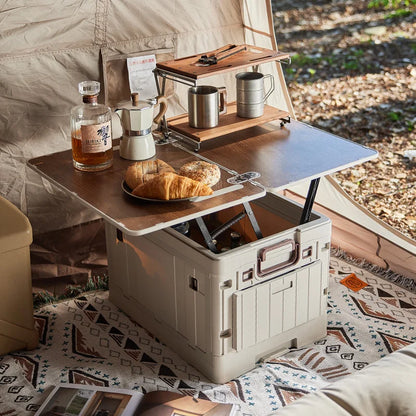 Folding Storage Box - Flat Outdoor Camping, Trunk Organizer & Gift Storage Box with Wooden Lid