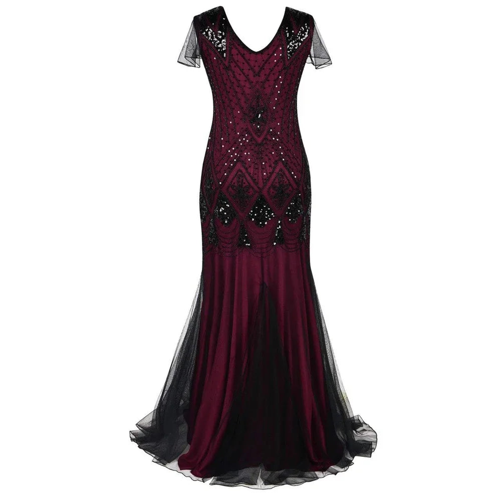 Women’s 1920s Great Gatsby Flapper Dress – Vintage V-Neck Sequin & Bead Long Mesh Maxi Party Prom Gown