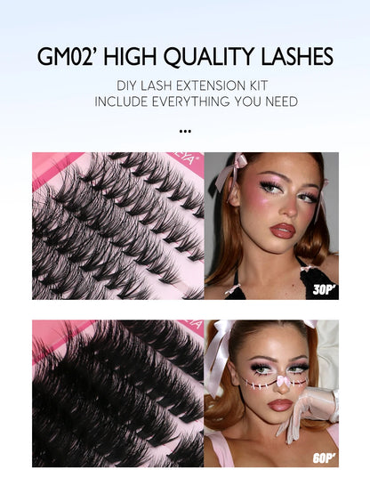 GROINNEYA Cat Lash Clusters Kit – 640pcs with Lash Bond & Seal, DIY Eyelash Extensions for Home Use