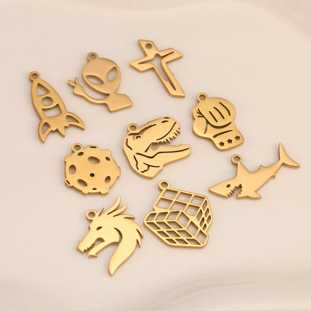 5-Piece Stainless Steel Charm Set - Magic Cube, Cross, Space Rocket, Boxing Glove, and Dinosaur DIY Jewelry Pendants