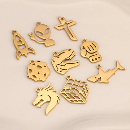 5-Piece Stainless Steel Charm Set - Magic Cube, Cross, Space Rocket, Boxing Glove, and Dinosaur DIY Jewelry Pendants