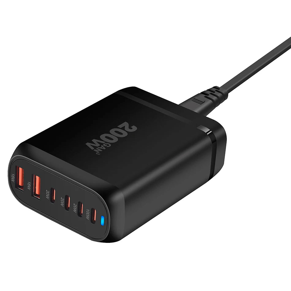 UHOMEBUY 200W GaN Desktop Charger - 6-Port USB Type C with 100W PD & Quick Charge 3.0 Fast Mobile Charger