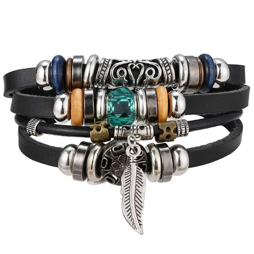 Vintage Gothic Punk Moon & Star Metal Bracelet - Multilayer Leather Bangle for Men, Leaf & Sun Arm Jewelry
