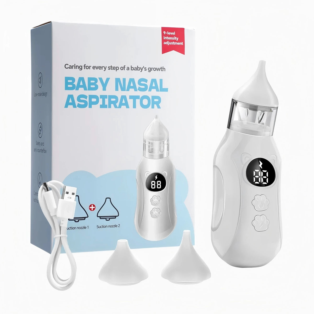 Electric Baby Nasal Aspirator - Quiet Rechargeable Nose Cleaner with 9 Suction Levels and 2 Silicone Tips