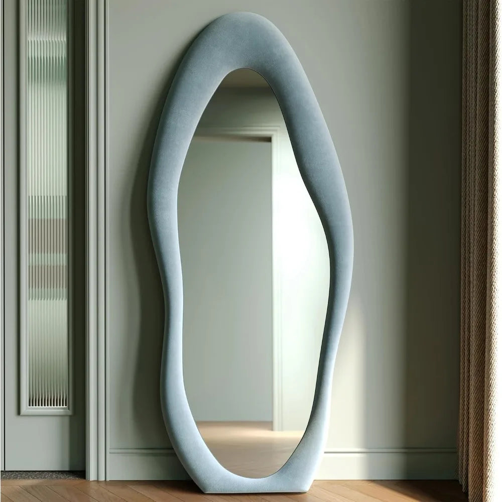 Full-Length Wall Mirror – 63"x24" Wavy Full Body Mirror with Flannel-Wrapped Wood Frame for Bedroom, Living Room & Cloakroom