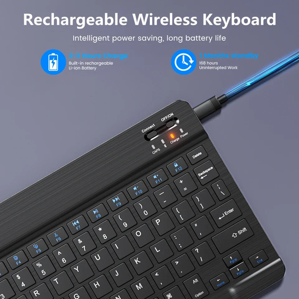 10" Bluetooth Wireless Rechargeable Keyboard – Russian, Spanish, French AZERT Layout for Android, iOS & Windows Tablets & Phones
