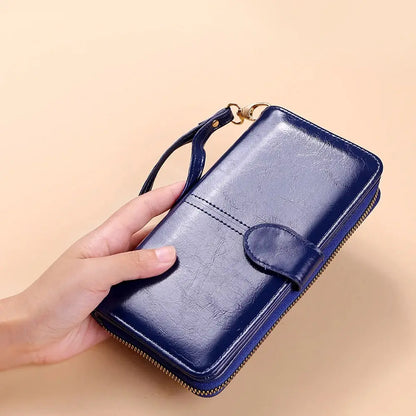 Women’s Vintage PU Leather Clutch Wallet — Large Capacity Phone Purse with Wristband, Simple Card Holder Pouch Bag