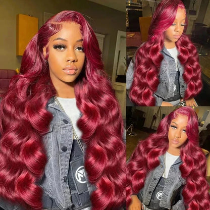 99J Burgundy Lace Frontal Wig – 13x6 Body Wave HD Transparent Lace Front Human Hair, Pre-Plucked 99J Red Color
