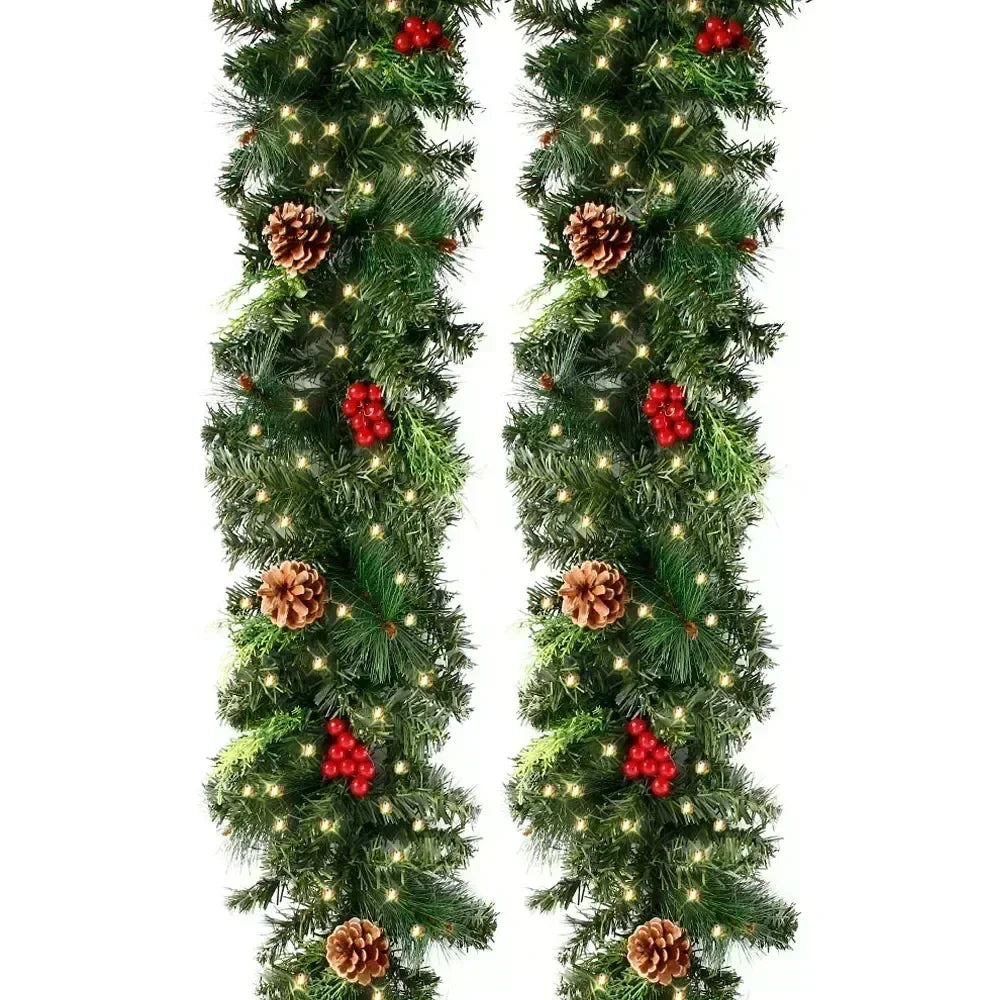Christmas Garland Wreath with Pinecones & Red Berries – Artificial LED Rattan Decor for Tree, Stairs & Door