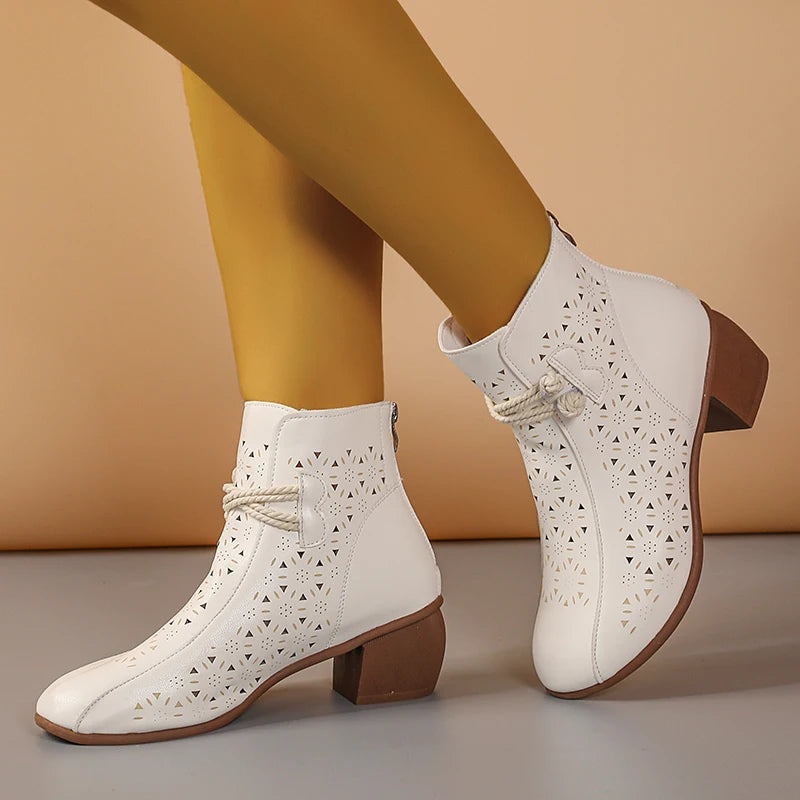 Women’s Hollow-Out Ankle Boots - 2025 Summer Retro Mid-Heel Soft Sole Breathable Shoes