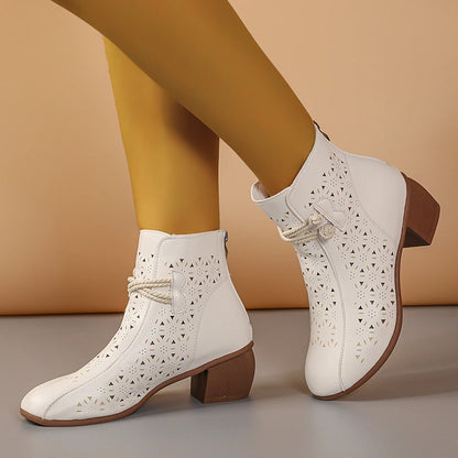 Women’s Hollow-Out Ankle Boots - 2025 Summer Retro Mid-Heel Soft Sole Breathable Shoes