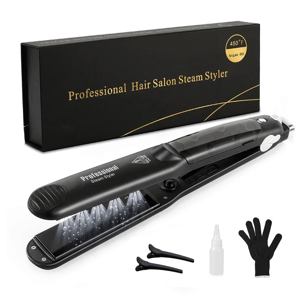 Professional Steam Hair Straightener – Ceramic Vapor Flat Iron, 450℉ Heat with Argan Oil Treatment for Hair Care