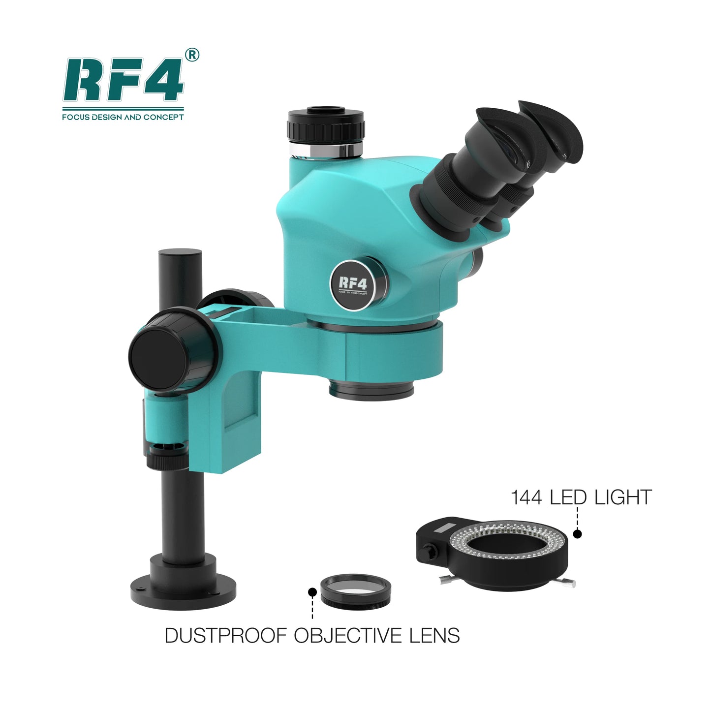 RF4 Trinocular Stereo Microscope Set – 360° Rotation Articulating Arm Stand, Phone Soldering & PCB Repair, Model RF7050TVPRO-F019