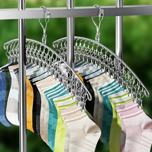 Stainless Steel Clothes Drying Hanger - 10/20 Pegs Windproof Clothing Rack with Clips - Laundry Airer for Underwear and Socks
