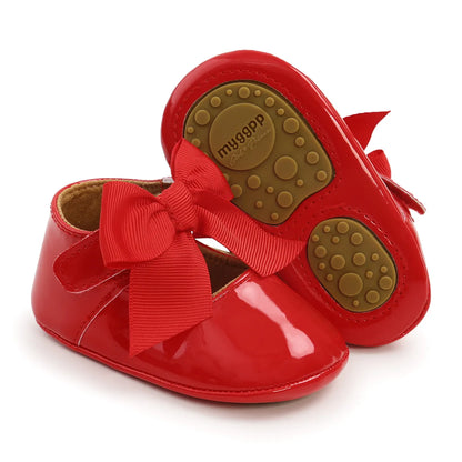 Meckior Baby Girl Shoes – Bowknot PU Ballet Slippers with Rubber Anti-Slip Sole, First Walker Toddler Crib Dress Shoes
