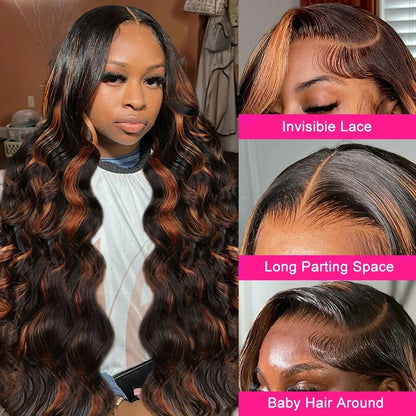 Ombre Highlight Body Wave Wig – 13x4 Lace Front, 1B/30 Black Brown HD Brazilian Human Hair Wig for Women