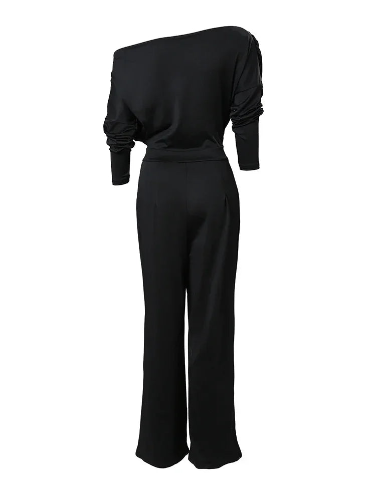 Women’s Elegant Jumpsuit 2025 – Spring Office Wear, Loose Ruched Cold Shoulder, Split Hem Wide Leg Plain Jumpsuit