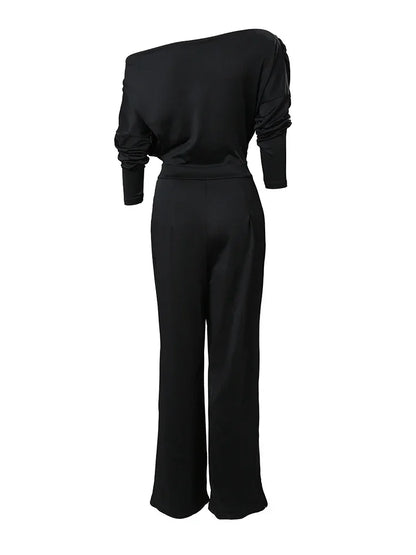 Women’s Elegant Jumpsuit 2025 – Spring Office Wear, Loose Ruched Cold Shoulder, Split Hem Wide Leg Plain Jumpsuit