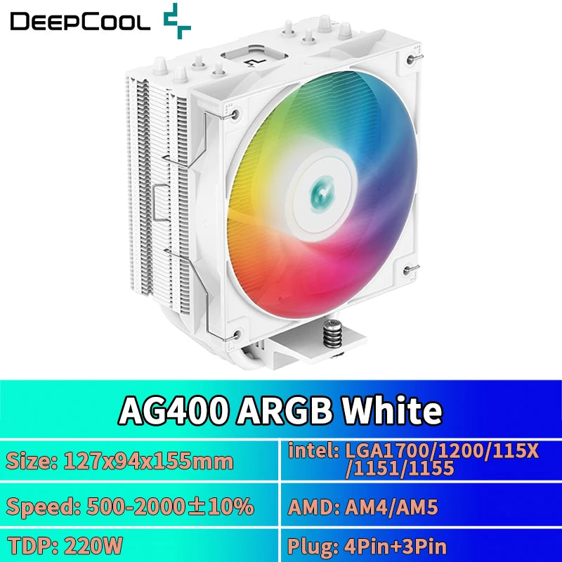 DEEPCOOL AG400 ARGB CPU Air Cooler — 4 Heat Pipe PWM Cooler for Intel LGA1700/1200/115X/1151/1155 & AMD AM4/AM5