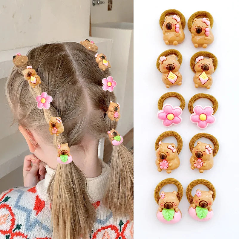 10Pcs Cartoon Capybara Hair Ties - Soft Resin Animal Hair Accessories for Girls and Children