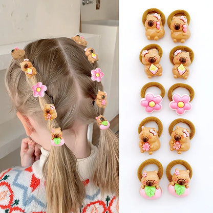 10Pcs Cartoon Capybara Hair Ties - Soft Resin Animal Hair Accessories for Girls and Children