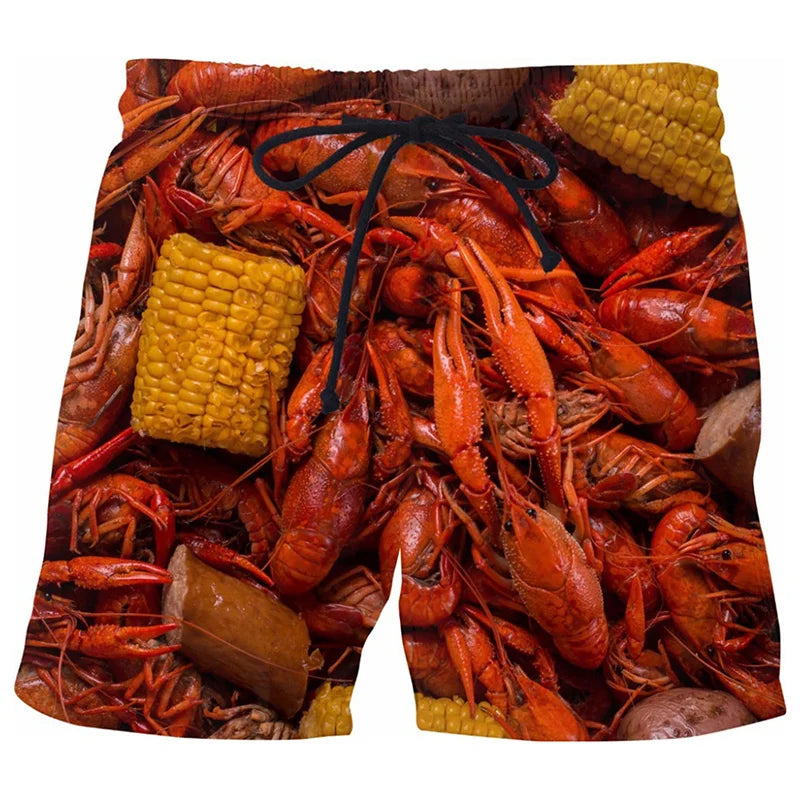 3D Sausage Print Beach Shorts - Funny Food Graphic Elastic Waist Swim Trunks for Men