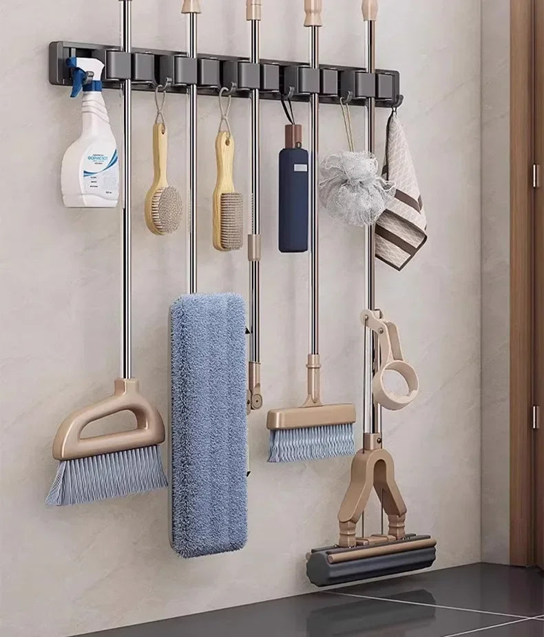 Wall-Mounted Mop & Broom Organizer — Strong Mop Holder Rack with 5 Hooks for Hanging Brooms and Cleaning Tools