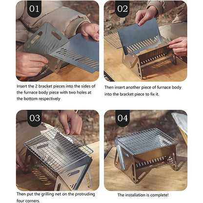 Portable Folding Barbecue Grill - Multifunction Camping BBQ Grill Rack - Stainless Steel BBQ Grill with Firewood Stove