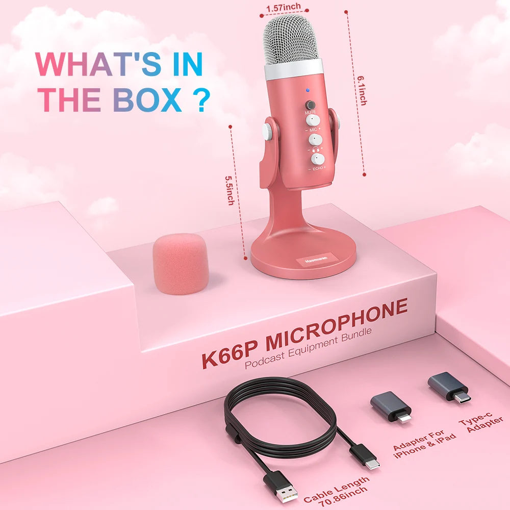 Haomuren USB Condenser Microphone – Pink Studio Mic for PC, Mac, Phone, Gaming, Streaming & Podcasting