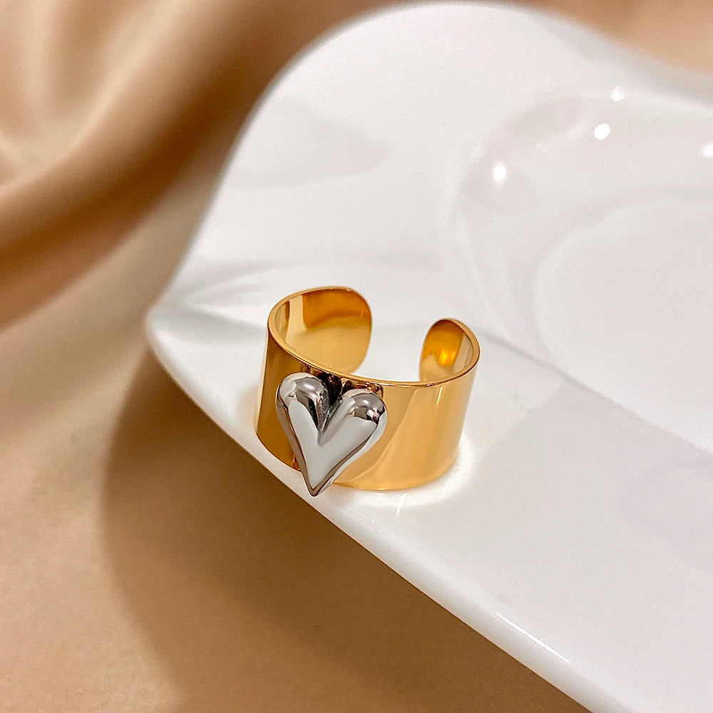 Greatera Stainless Steel Heart Cuff Ring – Wide Thick Statement Jewelry for Women & Men, European American Style