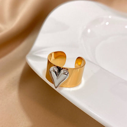Greatera Stainless Steel Heart Cuff Ring – Wide Thick Statement Jewelry for Women & Men, European American Style