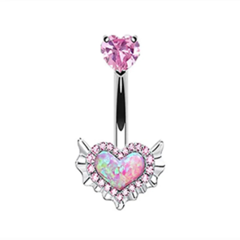 Pink Crown Belly Button Ring – Stainless Steel Heart Navel Piercing Barbell with Crystal for Women & Girls