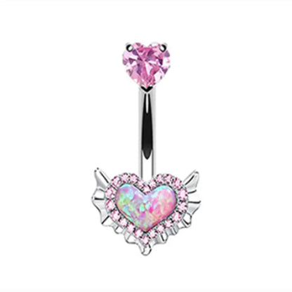 Pink Crown Belly Button Ring – Stainless Steel Heart Navel Piercing Barbell with Crystal for Women & Girls