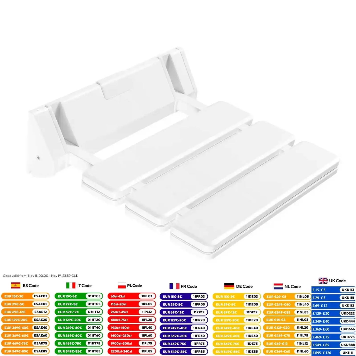 90° Folding Shower Seat – Wall-Mounted Waterproof Bench Stool, White Bathroom & Porch Seat, Supports Up to 130kg, 32×34cm