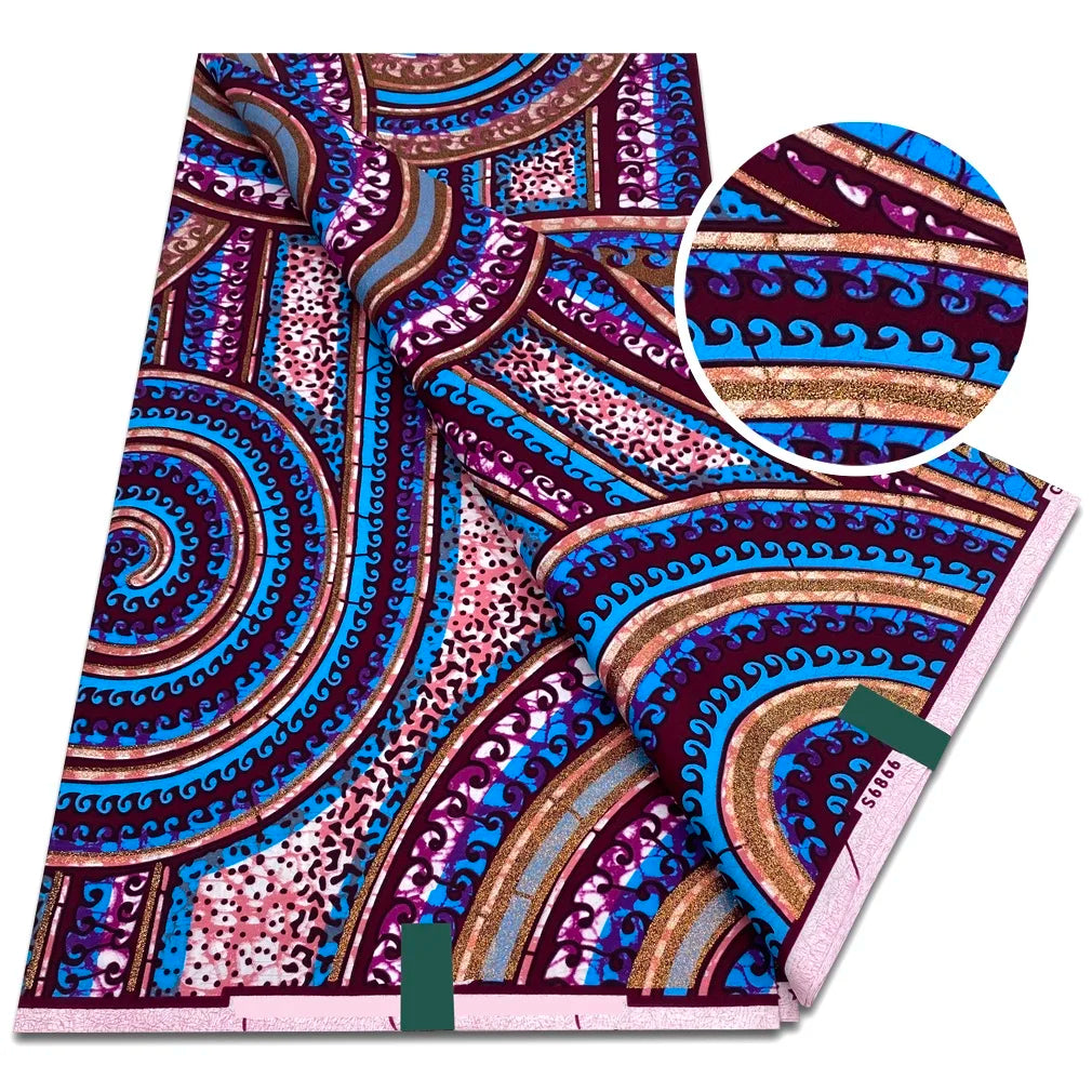 African Golden Glitter Wax Fabric - Soft Ankara Pagne Batik Gold Print Material for Women