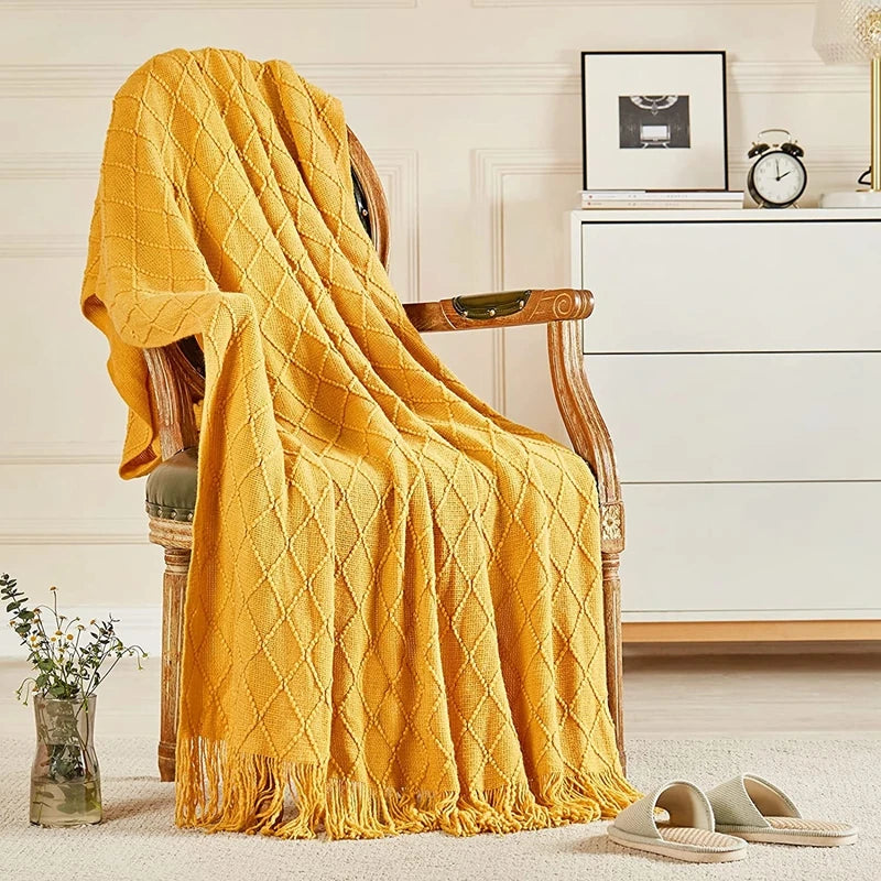 White Boho Throw Blanket – Textured Chunky Knitted Vintage Luxury Bedspread, Sofa Cover Manta Para Sofá