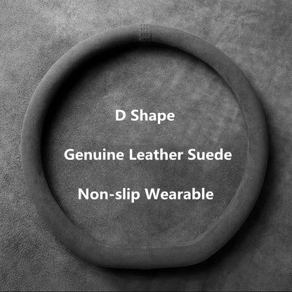 Universal 37–38cm Cowhide Suede Steering Wheel Cover, Breathable Anti-Slip Car Steering Wheel Wrap Accessory
