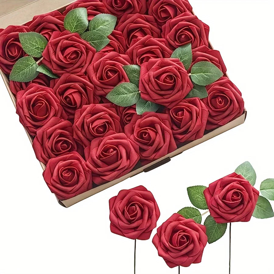 25pcs Artificial Roses with Stems – Fake Flowers for DIY Wedding Bouquets, Centerpieces & Home Party Decorations