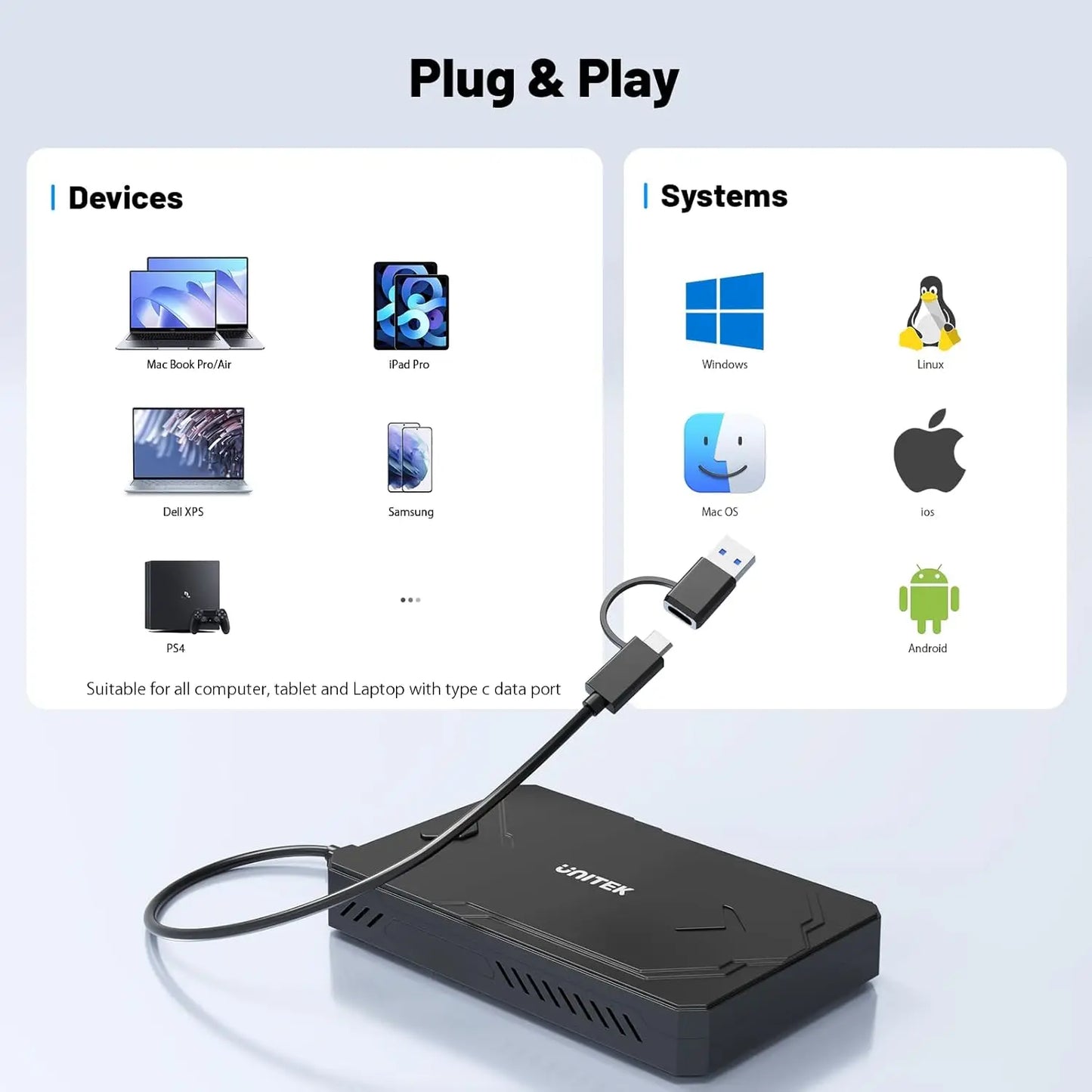 Unitek M2 NVMe SSD Enclosure SATA to USB-C 3.2 10Gbps UASP Adapter for 2.5" SSD – M.2 External Drive Case